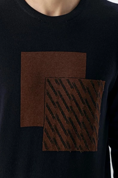 Slimfit Bisiklet Yaka Önü Desenli Pamuklu Erkek Triko Kazak - 11