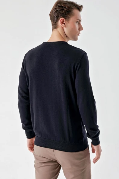 Slimfit Bisiklet Yaka Önü Desenli Pamuklu Erkek Triko Kazak - 12