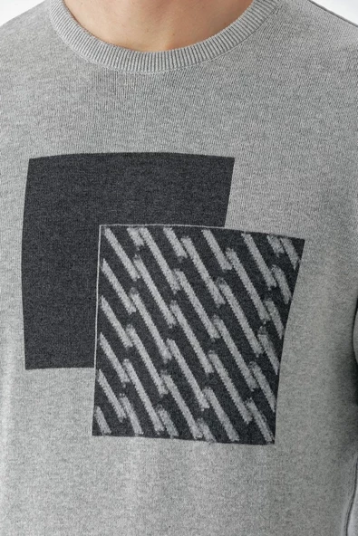 Slimfit Bisiklet Yaka Önü Desenli Pamuklu Erkek Triko Kazak - 5