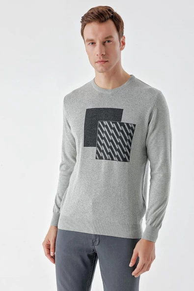 Slimfit Bisiklet Yaka Önü Desenli Pamuklu Erkek Triko Kazak - 2