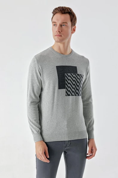 Slimfit Bisiklet Yaka Önü Desenli Pamuklu Erkek Triko Kazak - 3