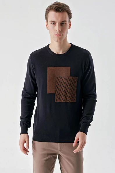 Slimfit Bisiklet Yaka Önü Desenli Pamuklu Erkek Triko Kazak - 7