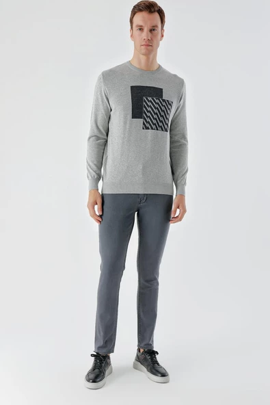 Slimfit Bisiklet Yaka Önü Desenli Pamuklu Erkek Triko Kazak