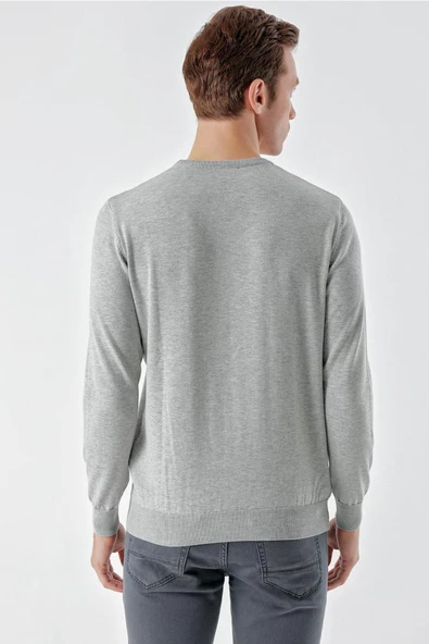 Slimfit Bisiklet Yaka Önü Desenli Pamuklu Erkek Triko Kazak - 6