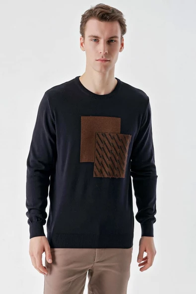 Slimfit Bisiklet Yaka Önü Desenli Pamuklu Erkek Triko Kazak - 9