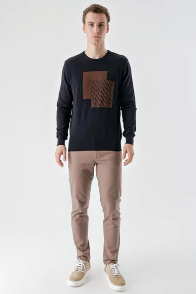 Slimfit Bisiklet Yaka Önü Desenli Pamuklu Erkek Triko Kazak - 10