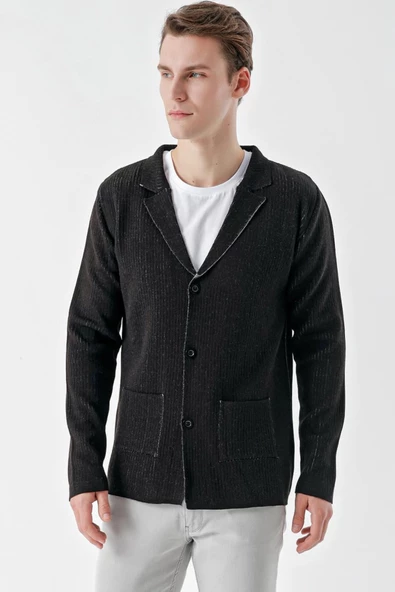 Slimfit Mono Yaka Torba Cepli Kendinden Çizgili Erkek Triko Hırka - 9