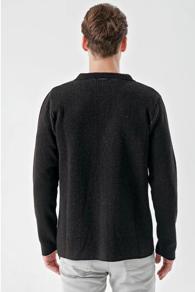 Slimfit Mono Yaka Torba Cepli Kendinden Çizgili Erkek Triko Hırka - 12