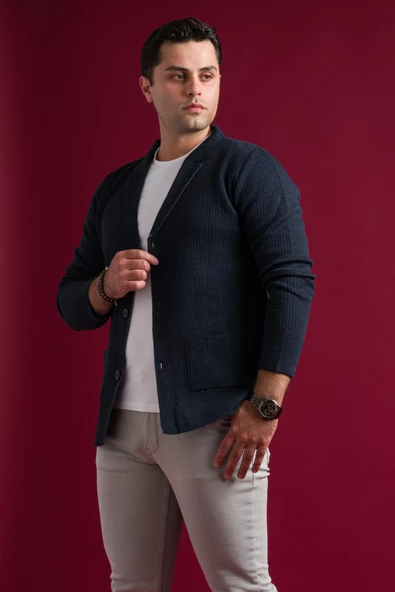 Slimfit Mono Yaka Torba Cepli Kendinden Çizgili Erkek Triko Hırka - 2