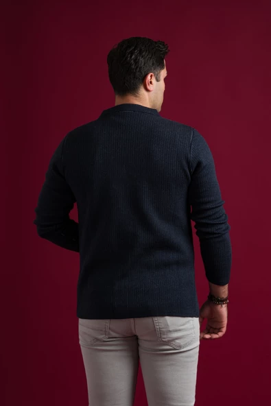 Slimfit Mono Yaka Torba Cepli Kendinden Çizgili Erkek Triko Hırka - 5