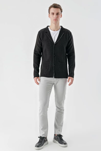 Slimfit Mono Yaka Torba Cepli Kendinden Çizgili Erkek Triko Hırka - 8