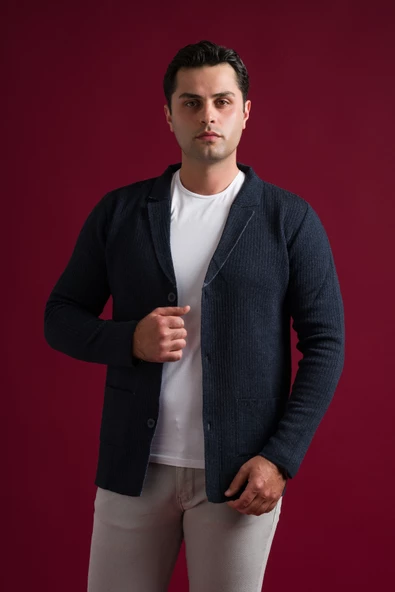 Slimfit Mono Yaka Torba Cepli Kendinden Çizgili Erkek Triko Hırka - 4