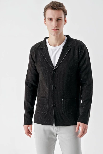 Slimfit Mono Yaka Torba Cepli Kendinden Çizgili Erkek Triko Hırka - 10