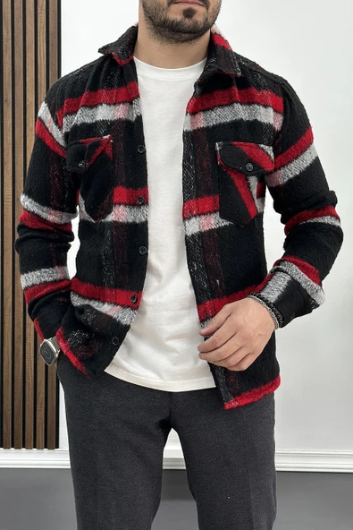 Erkek Kalın Slim Fit Yün Gömlek Siyah Edw003