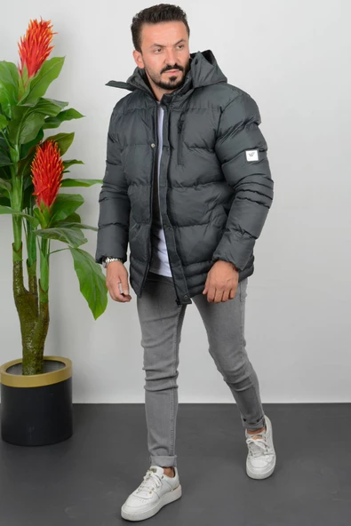 Erkek İçi Polarlı Slim Fit Kapüşonlu Şişme Mont Füme Edw010