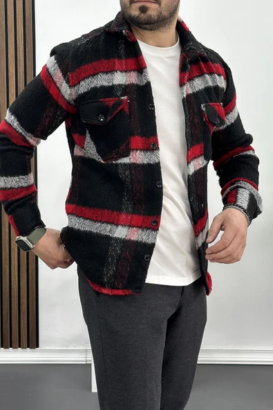 Erkek Kalın Slim Fit Yün Gömlek Siyah Edw003 - 2
