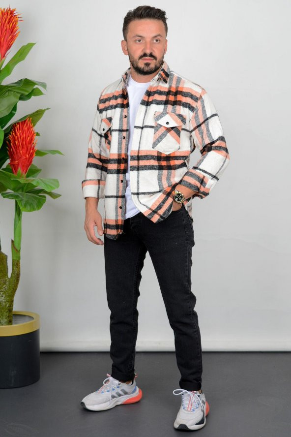 Erkek Cepli Slim Fit Kalın Oduncu Gömlek Turuncu Edw006 - 3