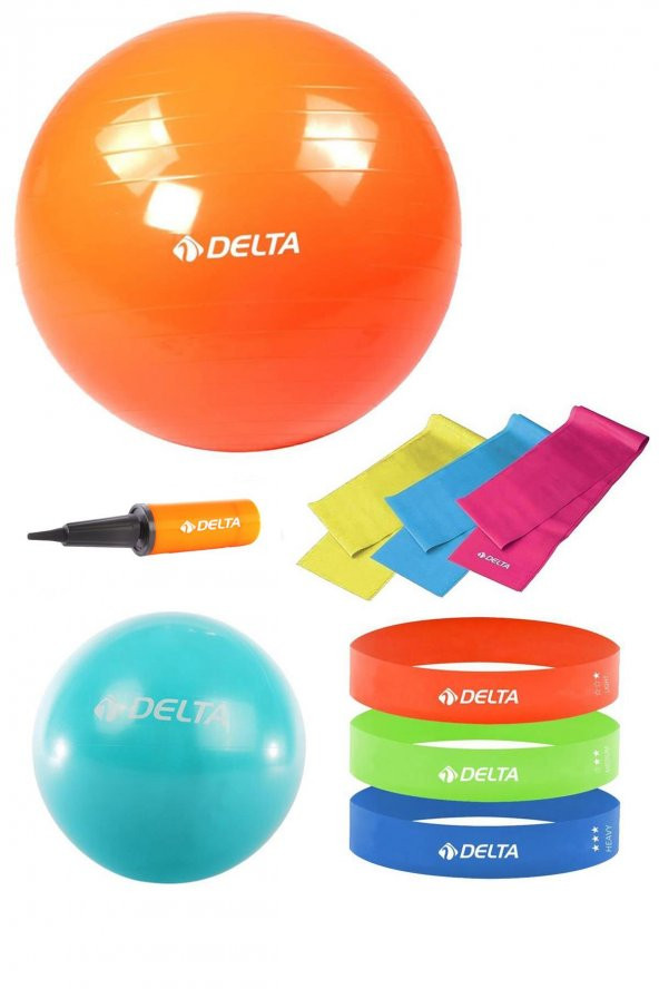 Delta 75-20 cm Pilates Topu 3lü Pilates Bandı 3lü Squat Bandı Direnç Lastiği Şişirme Pompası Seti - 1