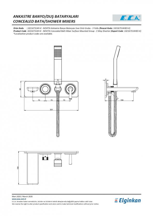Eca Novita Ankastre Banyo Bataryası Duşlu 3 Parça Set  3 Yollu  ECA.ANKSET.BD304 - Resim 3