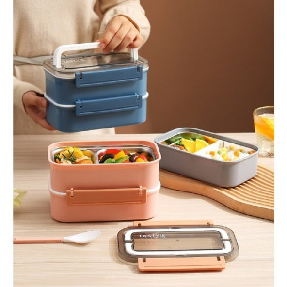 Vagonlife Bento 1600ML Lunchbox Yeni Koleksiyon 2 Katlı 4 Bölmeli Çelik Sefer Tası Yemek Kutusu - 2