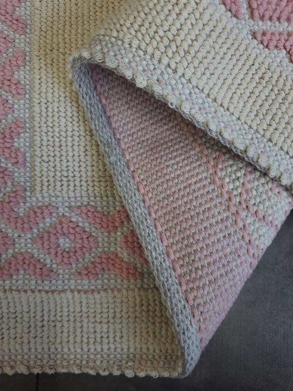 Soffy Doğal Pamuklu Pembe & Krem Ayak Paspası Ayak Havlusu 50x70 cm Banyo Paspası - 5