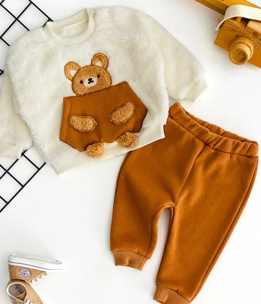 Neşeli Bebekler Ayıcık Nakışlı Üst Welsoft Alt Üç İp Polar Takım Krem - 2