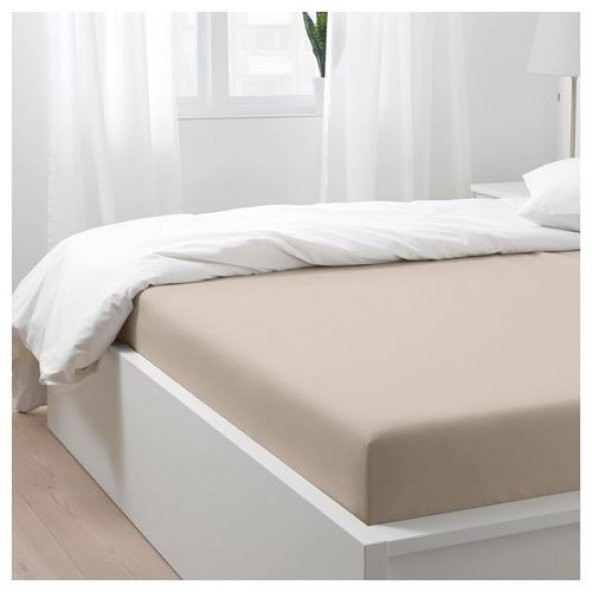 Çift Kişilik Lastikli Çarşaf, Açık Bej Renk IKEA Ölçü 120x200 cm Pamuklu - 3