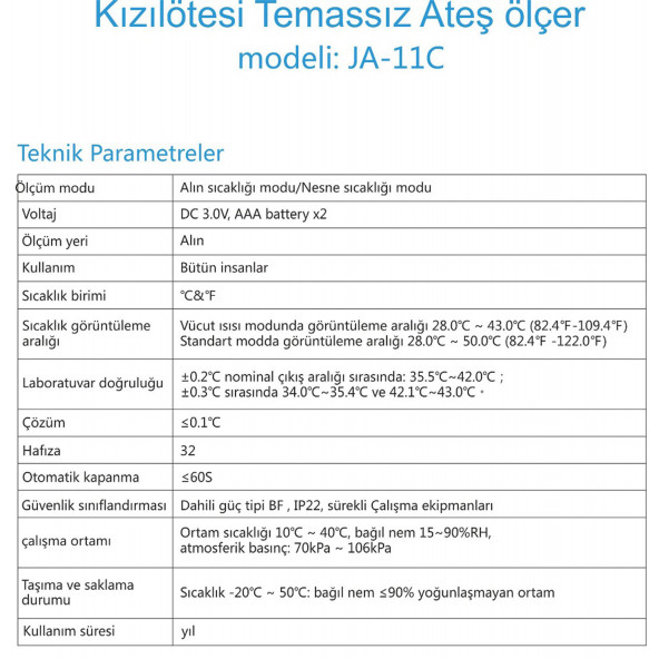 Life Net Medikal Temassız Ateş Ölçer Kızıl Ötesi Vücut Ve Alından Termometre JA-11C - 7