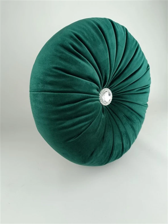 Mrs.Gugar Lux Kadife Yuvarlak Taşlı Yastık Zümrüt Yeşili - Resim 2