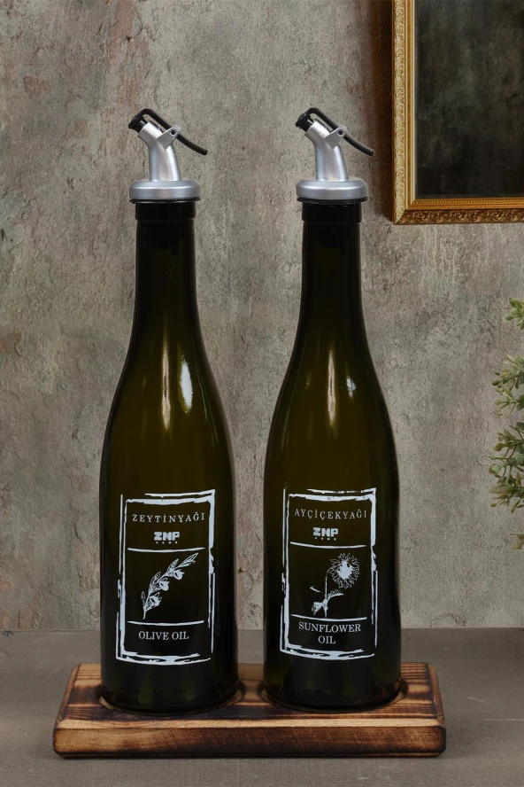 Amber | Ahşap Standlı 2li 350 ml Zeytinyağı Sıvıyağ Şişesi Yağlık Yağdanlık