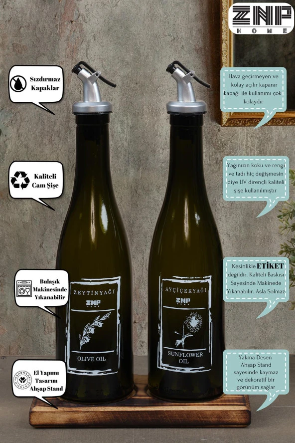 Amber | Ahşap Standlı 2li 350 ml Zeytinyağı Sıvıyağ Şişesi Yağlık Yağdanlık - 2