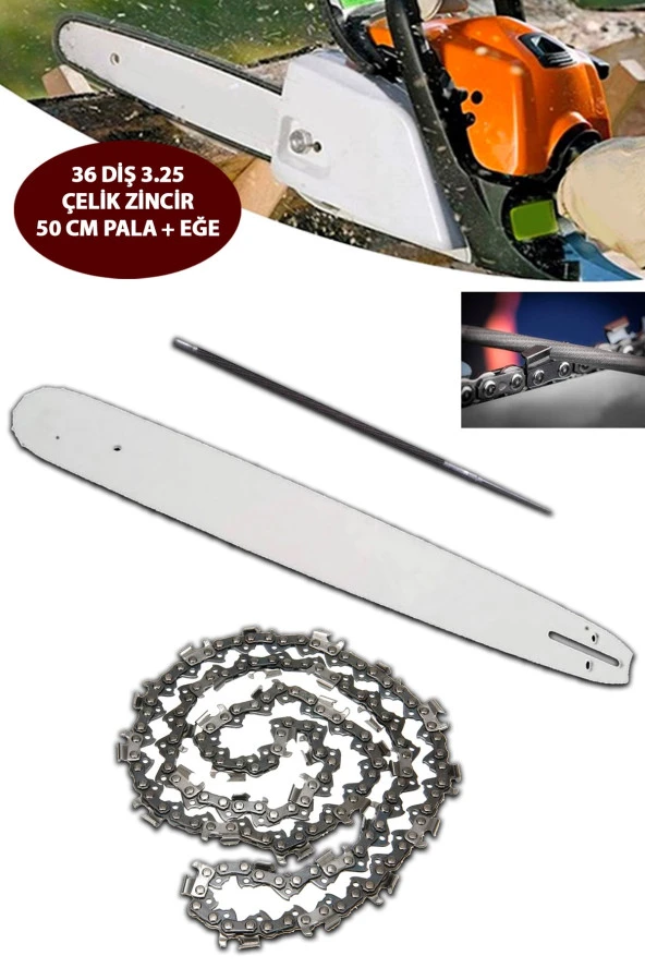 Germany Style 36 DİŞ 3,25 Benzinli Testere Zinciri ve 50 cm Pala Bıçkı Zinciri iEğe Hediyeli