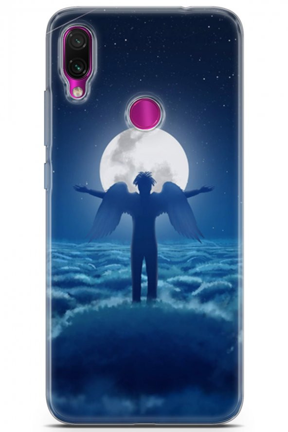 Xiaomi Redmi Note 7 Kılıf Seri Moon 10 Melek Ay Full HD Kılıf Mavi Beyaz