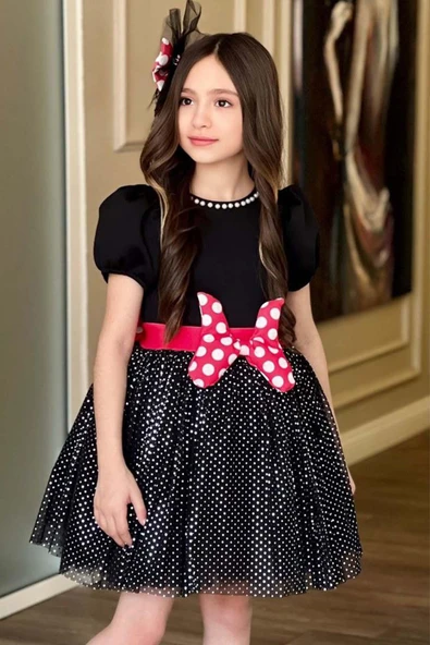 Kız Çocuk Yakası İnci ve Eteği Simli Puantiye Detaylı Siyah Elbise - Resim 4