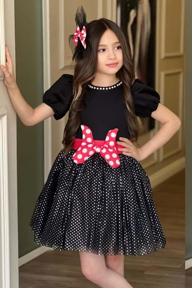 Kız Çocuk Yakası İnci ve Eteği Simli Puantiye Detaylı Siyah Elbise - Resim 5