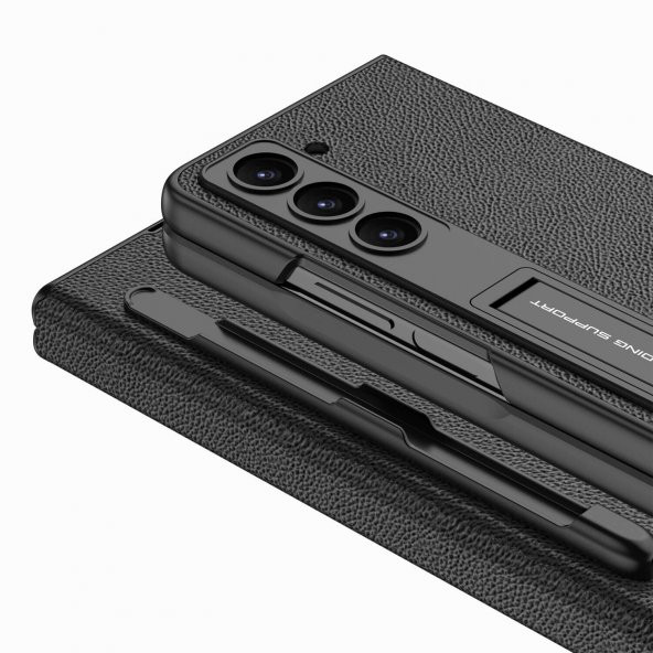 KNY Samsung Galaxy Z Fold 5 Kılıf Kalem Koymalı Standlı Suni Deri Droga Kapak Siyah - 2