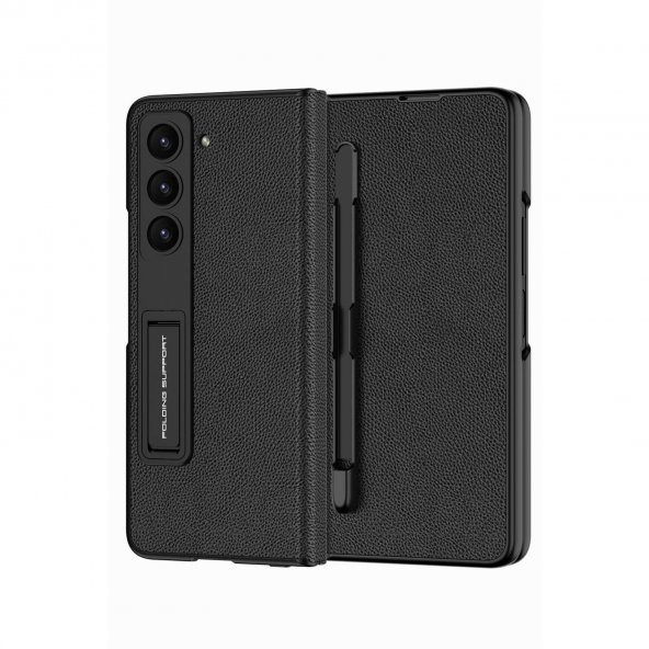 KNY Samsung Galaxy Z Fold 5 Kılıf Kalem Koymalı Standlı Suni Deri Droga Kapak Siyah - 3