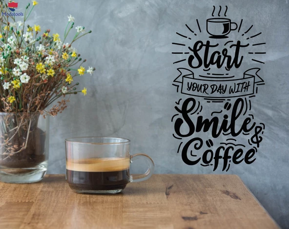 Oturma Odası, Ofis, Dükkan Duvar Sticker Kahve Fincanı Gülümseme Olumlu Alıntı Cafe Mutfak Çıkartmaları