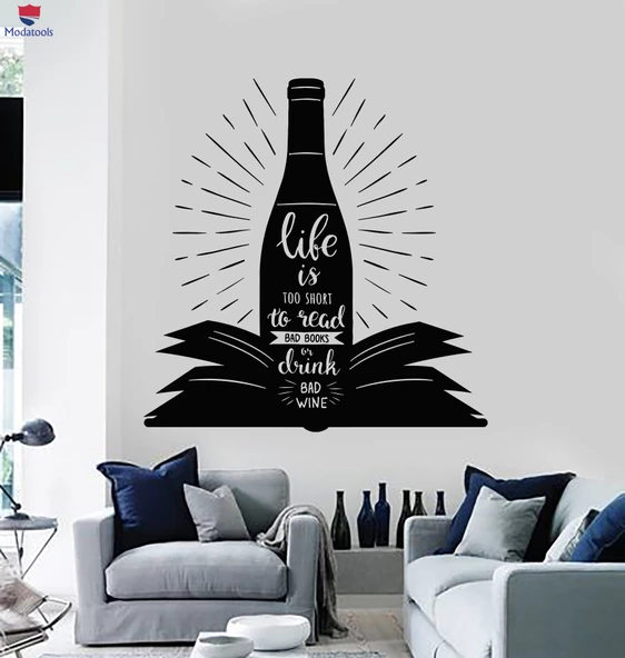 Oturma Odası, Ofis, Dükkan Duvar Sticker Kitap Şarap İlham Veren Cümle Alıntı Hayat Çok Kısa Çıkartmalar