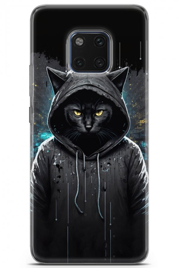 Huawei Mate 20 Pro Uyumlu Kılıf Milano 11 Kapüşonlu Kedi 4K Baskılı Kılıf Siyah