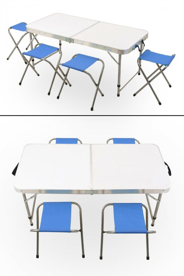 Exent 4 Tabureli, Katlanır, KADEMELİ çantalı masa seti, Alüminyum Kamp masası seti-Mavi