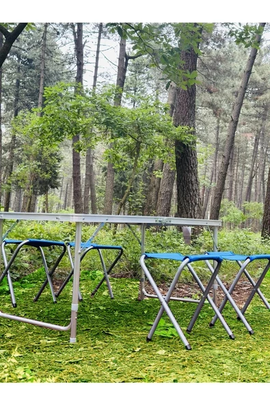 Exent 4 Tabureli, Katlanır, KADEMELİ çantalı masa seti, Alüminyum Kamp masası seti-Mavi - 5