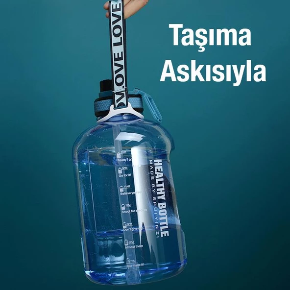 Polham 2.2 Litre Taşıma İpli Emniyet Kapaklı Su Matarası, BPA İçermez Sporcu Suluk Şişesi, Motivasyon Su Matarası - 5