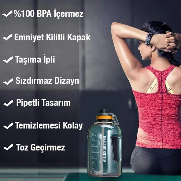 Polham 2.2 Litre Taşıma İpli Emniyet Kapaklı Su Matarası, BPA İçermez Sporcu Suluk Şişesi, Motivasyon Su Matarası - 2