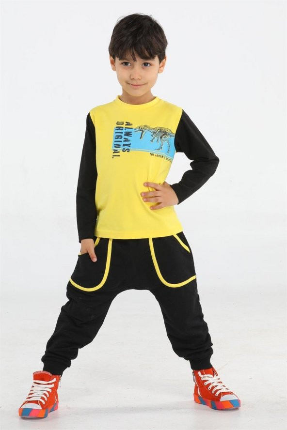Casabony Original T-rex Sarı - Siyah Pantolon + T-shirt Takım BN-014