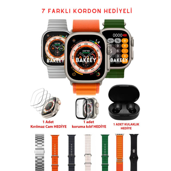 Watch Ultra 7 Kordonlu Watch 8 Ultra Akıllı Saat Kasa Koruyucu Kırılımaz Cam Kulaklık Hediyeli - 7