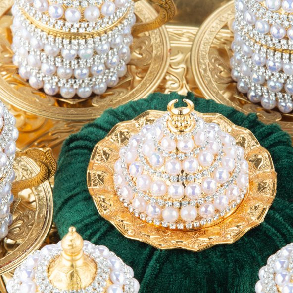 İncili ve Swarovski Taşlı Kahve Fincanı Takımı 6'lı Sarmaşık Altın - 2