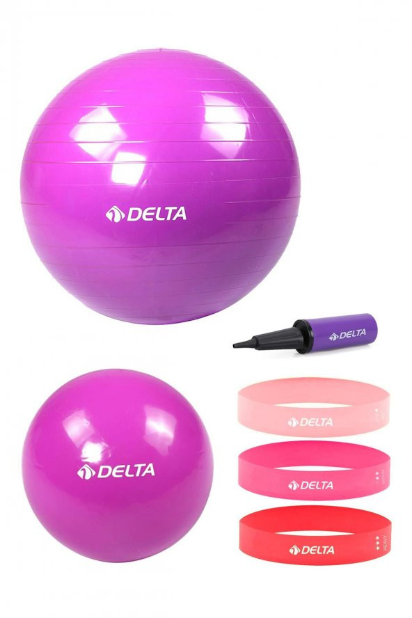 Delta 85 cm-20 cm Pilates Topu 3lü Squat Bandı Egzersiz Direnç Lastiği Pilates Topu Pompası Seti