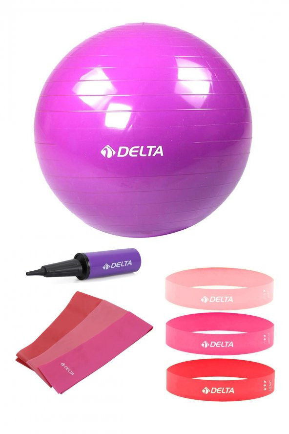 Delta 85 cm Pilates Topu 3lü Pilates Bandı 3lü Squat Bandı Direnç Lastiği Şişirme Pompası Seti