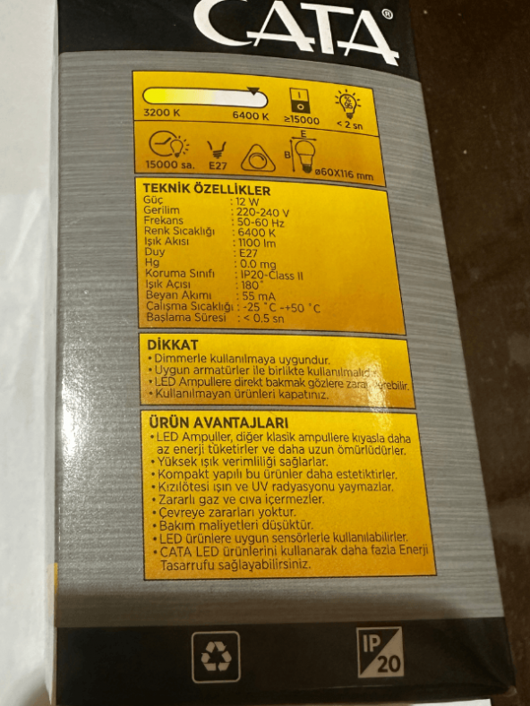 Cata CT-4278 12W 6400K (Beyaz Işık) Dimlenebilir E27 Duylu Led Ampul (8 Adet) - 2